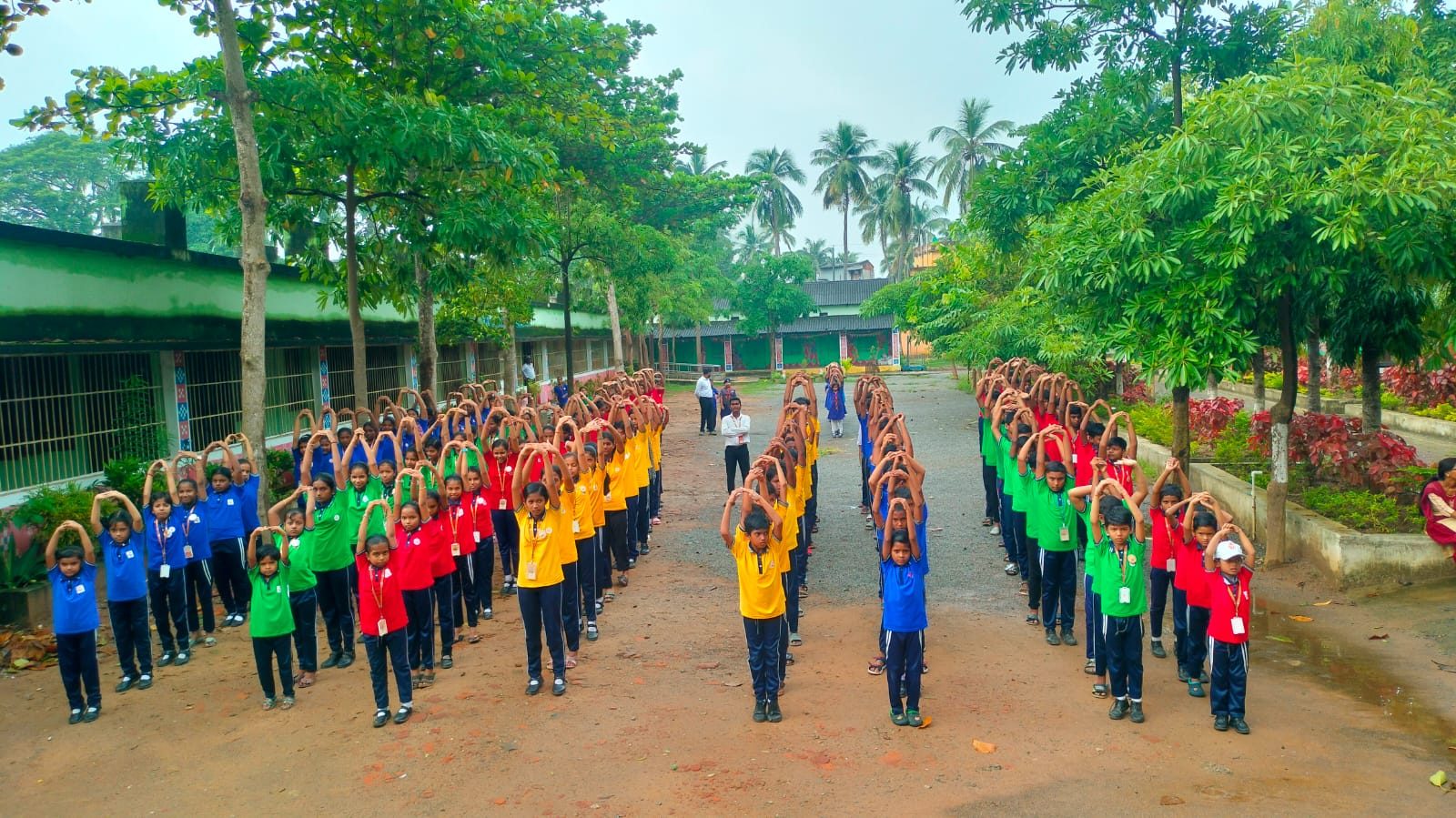 Students in coloured house t-shirts standing in formation